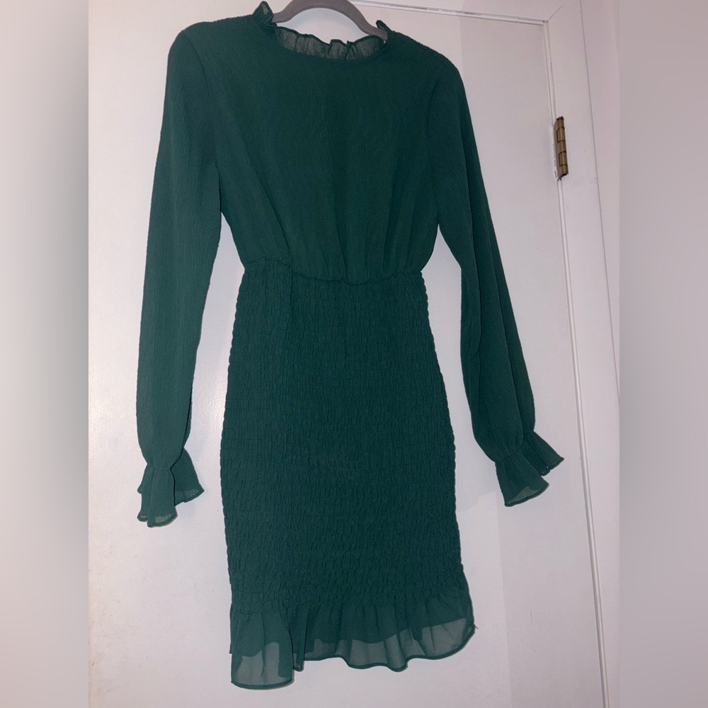 By She & Shy Green Smocked Ruffle Mock Neck Long Sleeve Mini Dress – NWT Small - Picture 2 of 7